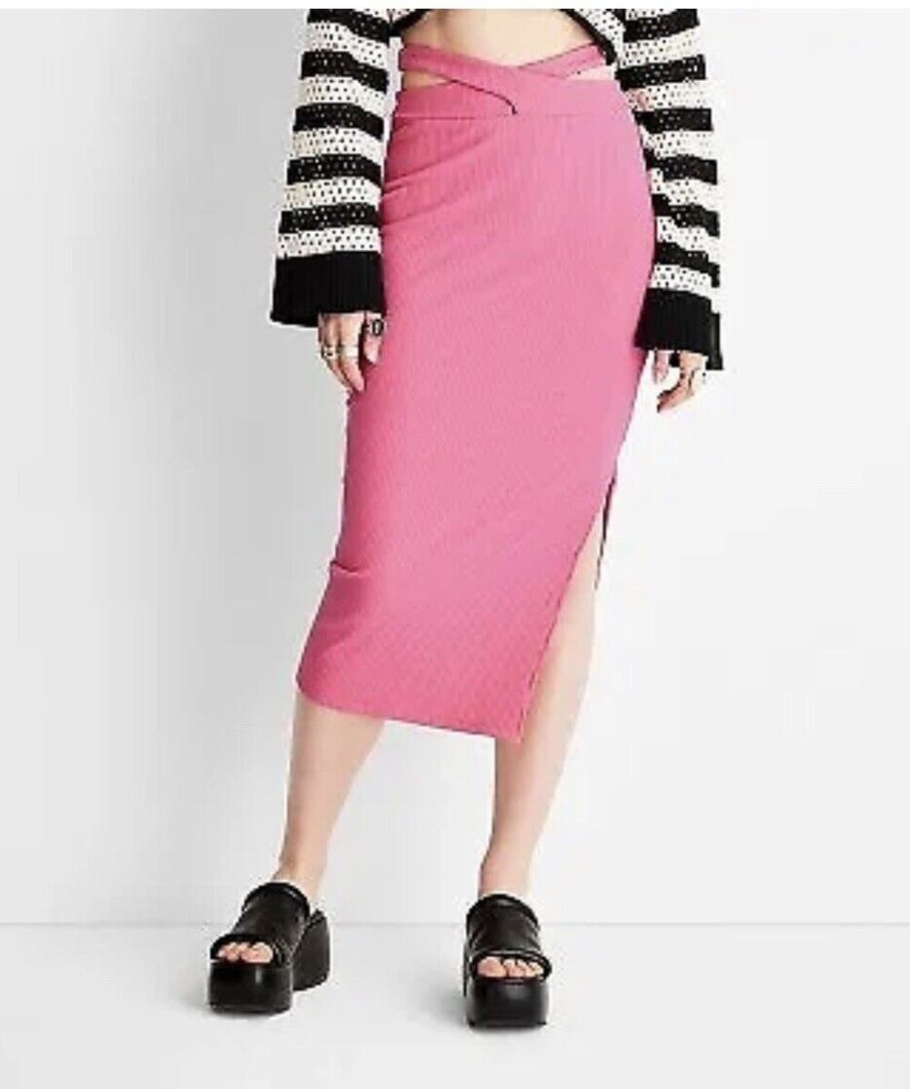 Future Collective Alani Noelle Cross Waist Rib-Knit Midi Skirt Pink Women’s XS